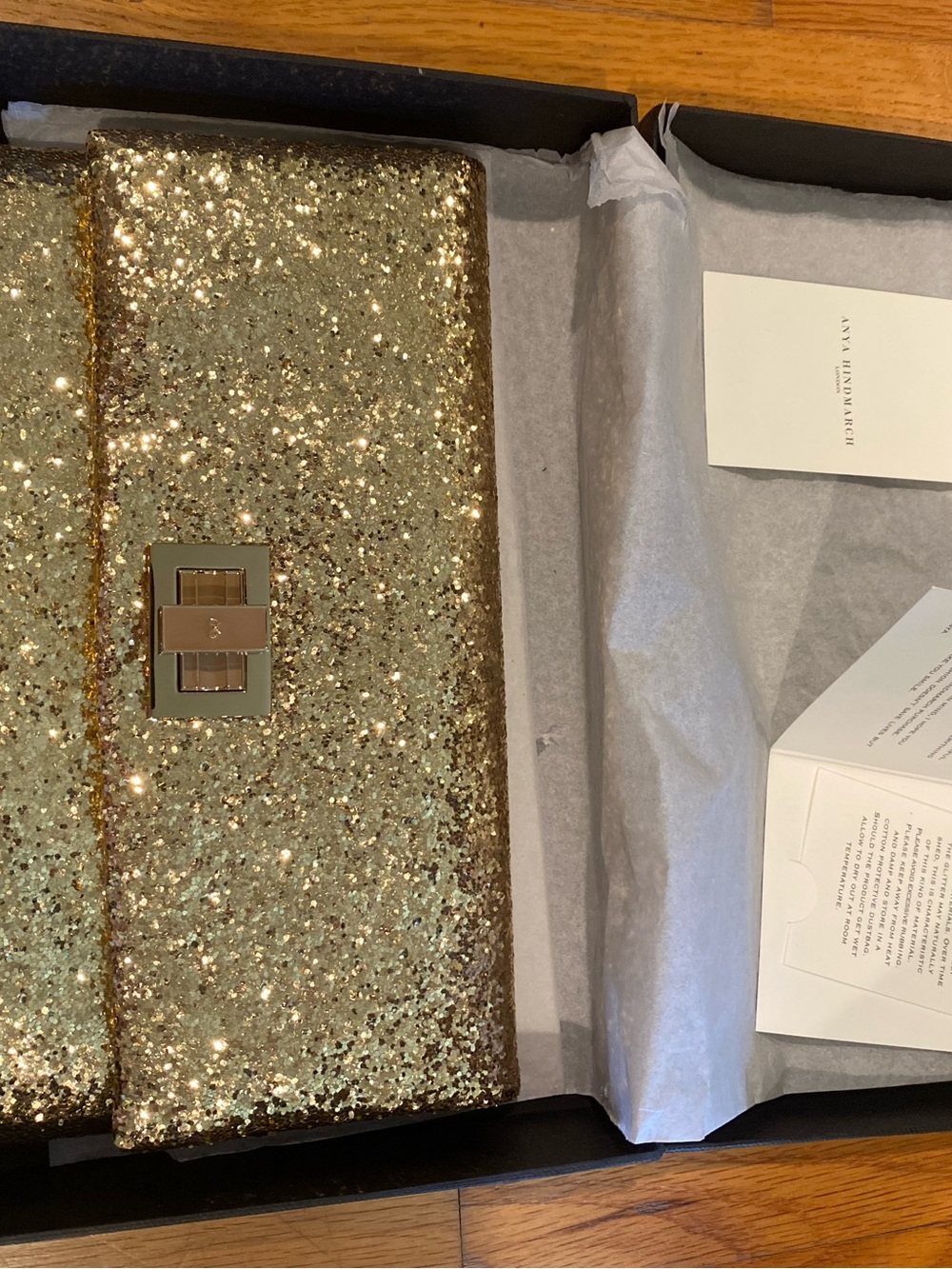 Anya Hindmarch Glitter Clutch With Gold Sparkles London New In Box w cardbox